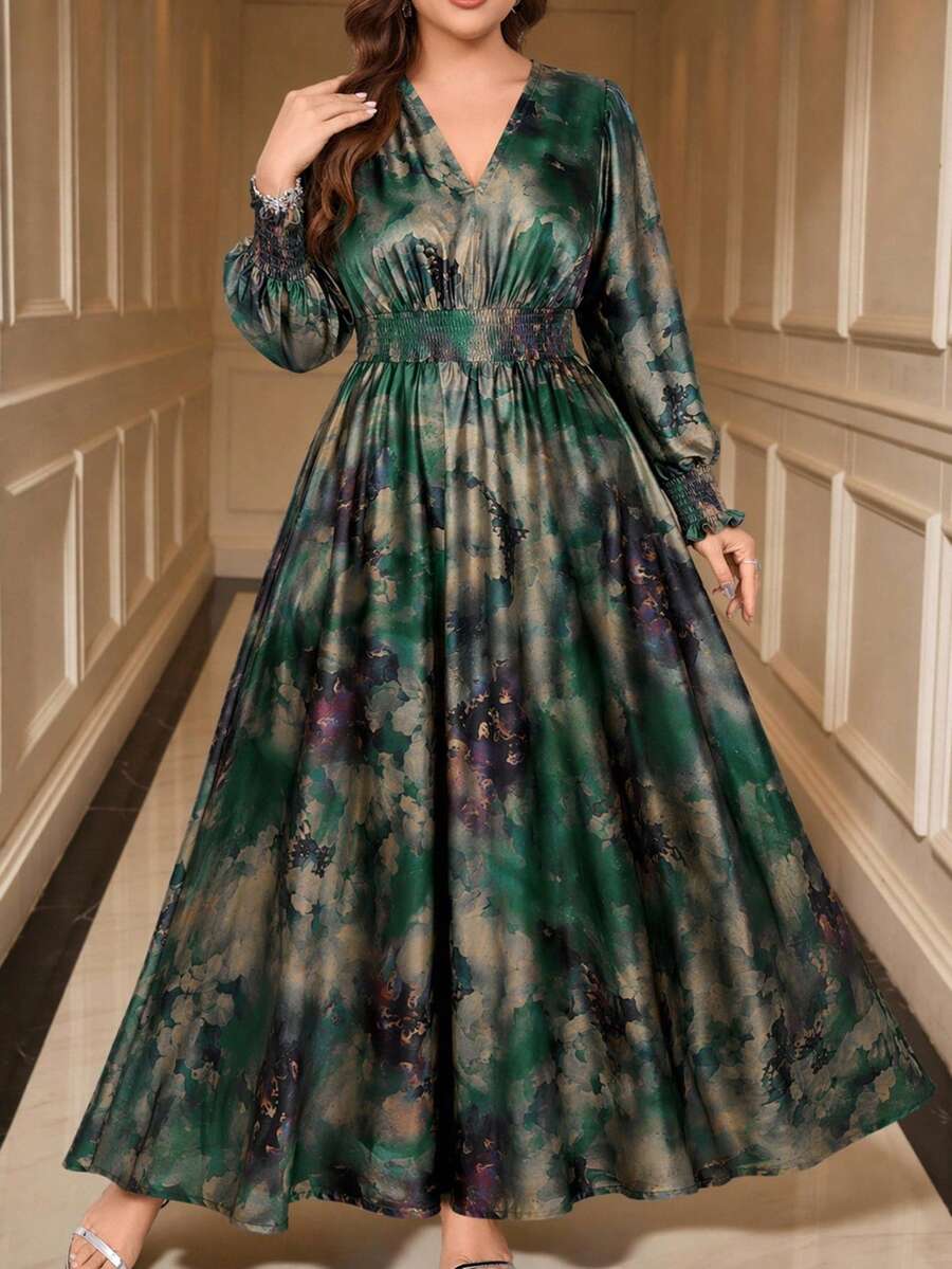SHEIN Clasi Plus Size Floral Print Shirred Waist Shirred Vacation Dress - Green - View 1