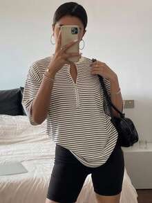 FRIFUL Women's Wavy Striped Loose Contrast Trim Short Sleeve T-Shirt, Summer Casual Wear - Black and White - View 9