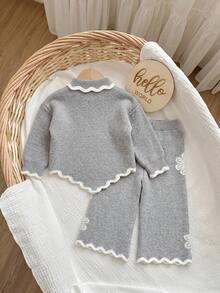 Baby Girl Floral Pattern High Neck Long Sleeve Sweater And Knitted Autumn Winter Pants Set - Grey - View 5