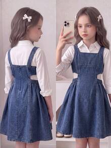 SHEIN Girls' Stylish Denim Suspender Dress, New Summer Design Princess Dress For Children - Dark Wash - View 1