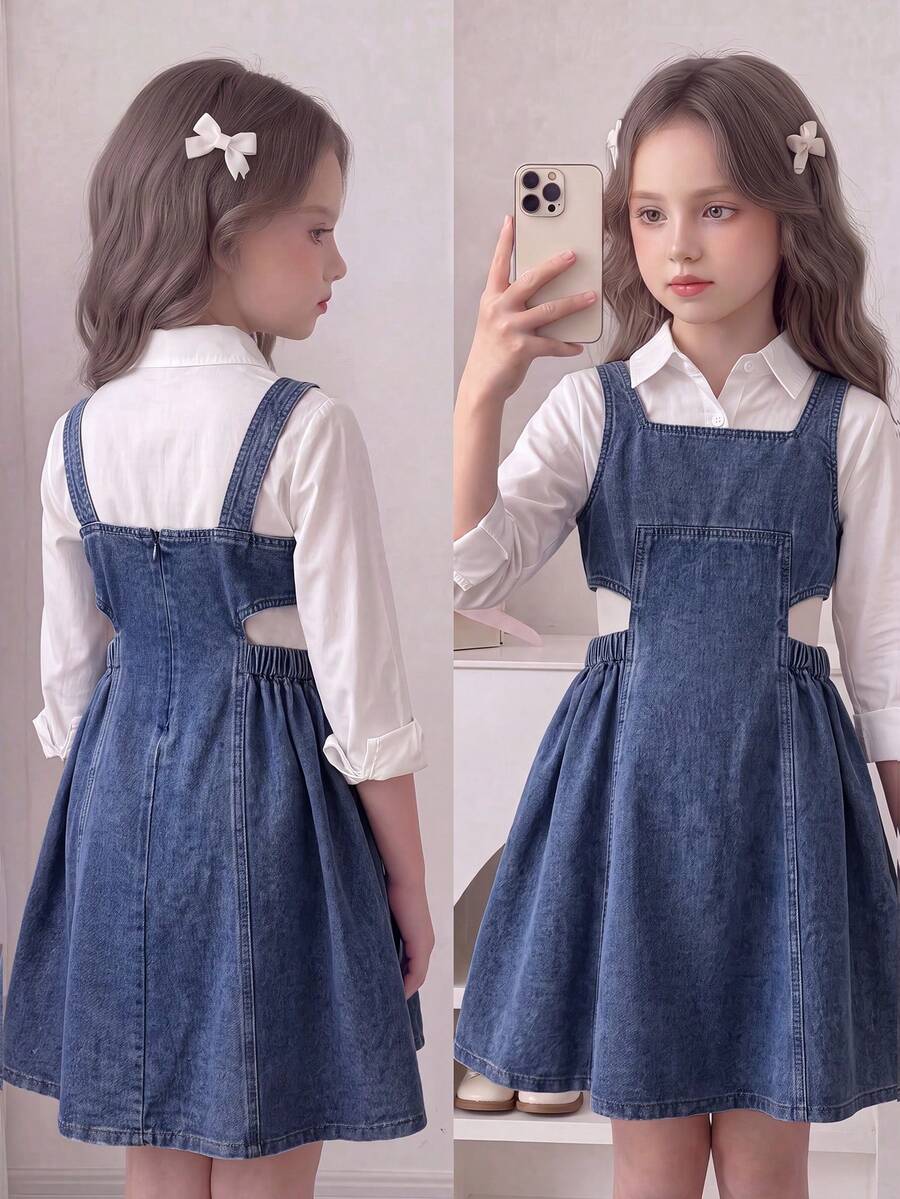 SHEIN Girls' Stylish Denim Suspender Dress, New Summer Design Princess Dress For Children - Dark Wash - View 1