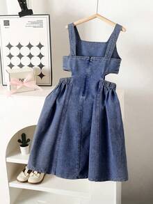 SHEIN Girls' Stylish Denim Suspender Dress, New Summer Design Princess Dress For Children - Dark Wash - View 2