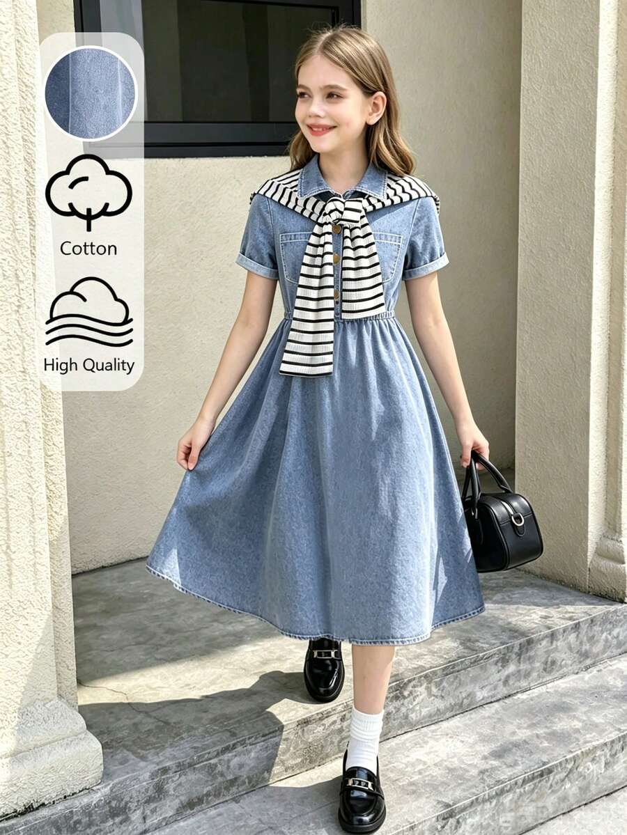 SHEIN Explorewe Tween女孩開學季新款休閒時尚復古設計極簡條紋披肩短袖中長牛仔洋裝 夏季高腰質感洋裝 適合女孩夏季出遊日常休閒韓系風格 - 淺色水洗藍 - 查看 1