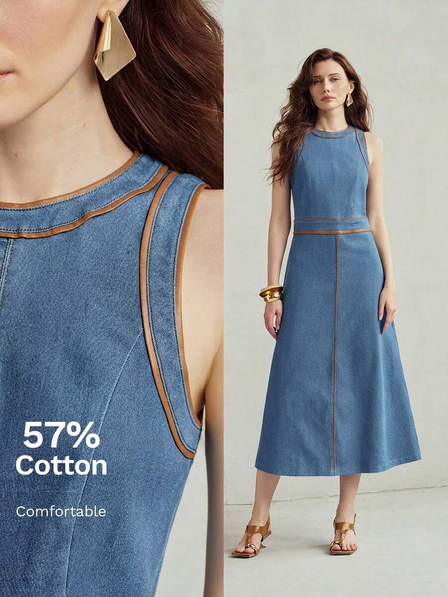 MOTF PREMIUM WOMEN'S SUMMER DENIM & LEATHER PATCHWORK SLEEVELESS WAIST-CINCHING DRESS - Medium Wash - View 1