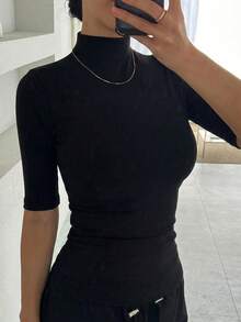 DAZY Women's Turtleneck Slim Fit Short Sleeve T-Shirt - Black - View 5