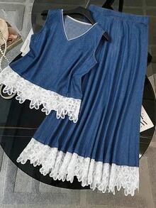 GlowEve Atasan Denim Leher V dengan Patchwork Renda Gaya Jalanan untuk Wanita - Biru - View 4