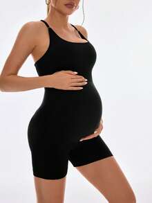 SHEIN Maternity Solid Color Criss-Cross Back Design Camisole Sports Romper Photoshoot Brown Black Summer - Multicolor - View 4