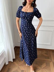 Modelyn 女款方領碎花開衩度假夏季短袖洋裝 長版晚禮服 - 藏蓝色 - 查看 2