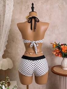 Sunnyshic Creamy Soft White With Black Polka Dot Print Halter Bikini Set - Black and White - View 7