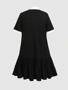 SHEIN Tween女孩休閒日常百搭舒適翻領拼接撞色 Polo 洋裝 - 黑色 - 查看 3