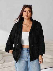 Solflare Plus Size Women Solid Color Long Sleeve Zipper Front Drawstring Hooded Sweatshirt - Black - View 3