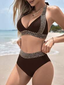 Swim Lushoire 女款夏季海灘拼色掛脖綁帶性感比基尼三角褲兩件式泳衣套裝 - 咖啡棕 - 查看 5