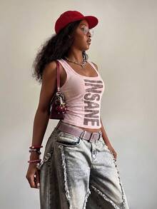 Fiercella Fiercella Women's Spring/Summer U-Neck Pink Wasteland Style Print Slim Fit Comfortable Streetwear Y2K Hot Girl Rock Sexy Tank Top Going Out Night Out Nightout - Baby Pink - View 3