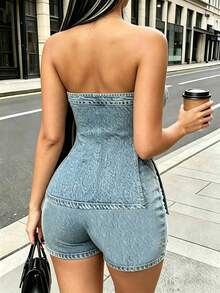 Rovax Women's Denim Effect Print Side Slit Tube Top And Shorts 2-Piece Set - Multicolor - View 2