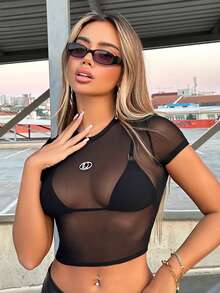 SHEIN ICON Top Corto Negro De Malla Transparente Con Detalles Remendados, Sin Brasier - Negro - Ver 5