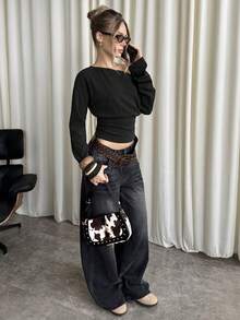 SHEIN BAE 女款純色不對稱肩休閒百搭日常穿著上衣 - 深灰色 - 查看 3