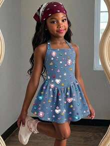 Kids Young Girl Kids Casual Fashion Colorful Rhinestone Decor Halter Neck A-Line Dress - Multicolor - View 6