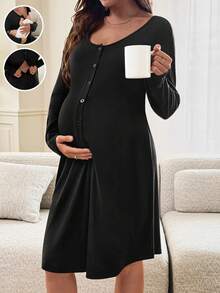 Slowluna Maternity Solid Color Casual Daily Wear Maternity Dress,Autumn Outfit For Women - Black - View 3