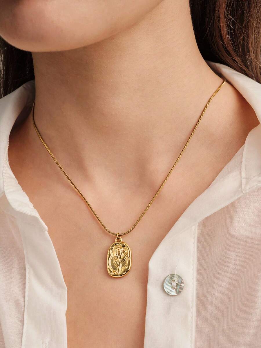 Vandermere 1pc 18K Gold Plated Stainless Steel Rose Flower Pendant Necklace, Vintage Elegant Round Snake Chain, Long-Lasting Color, Hypoallergeni - Golden - View 1
