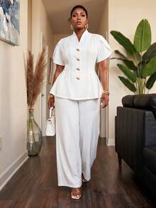 Slaydiva Early Autumn New Arrival Elegant White Fitted Short Sleeve Petal Waist-Cinching A-Line Blazer With Metal Button Decor And Matching Extra Long Pants Women's Plus Size Suit Set For Concert, Party, Wedding Season, Cocktail, Date, Birthday Gathering - White - View 2