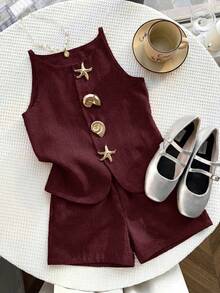 Conjunto de Top de Tirantes con Hebilla de Metal & Shorts para Niña Preadolescente - Burdeos - Ver 4