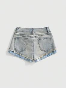 ROMWE Grunge Punk 休閒百搭捲邊毛邊復古彈性緊身女款牛仔短褲 日常白天淺藍色夏季 - 藍色 - 查看 2