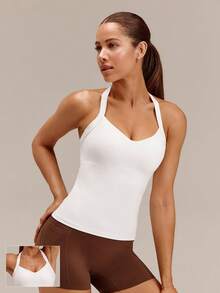 GLOWMODE FeatherFit™ Adjustable Halter Backless Twist Back Tank Top Low Impact Yoga Pilates Daily Removable Cups - White - View 1