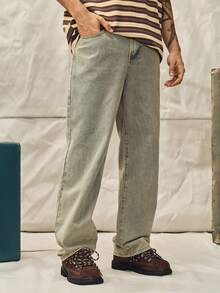 Norleigh Loose Men's Solid Baggy Jeans With Slant Pockets - Medium Wash - View 2
