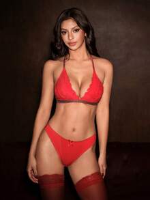 Bella Beso Women's Red Heart Lace Patchwork Backless Comfortable Lingerie - Red - View 1