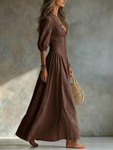 Glimmora Women's Fashion Solid Color Deep V-Neck Single-Breasted 3/4 Sleeve Long Dress - Coffee Brown - View 4