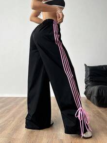 SHEIN EZwear 秋季休闲黑色撞色侧条纹织带工装裤 - 黑色 - 查看 2