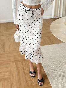 Cévolie Damen französischer Vintage Satin Polka Dot Meerjungfrau Rock, hohe Taille schlankmachend Hüftbedeckend mittellang eleganter figurbetonter Rock mit Rüschensaum - Aprikosenfarben - Übersicht 5