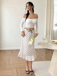 Cévolie Damen französischer Vintage Satin Polka Dot Meerjungfrau Rock, hohe Taille schlankmachend Hüftbedeckend mittellang eleganter figurbetonter Rock mit Rüschensaum - Aprikosenfarben - Übersicht 6