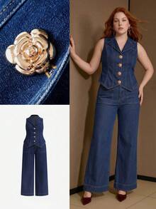 MOTF PREMIUM WOMEN'S PLUS SIZE FRONT BUTTON SLEEVELESS DENIM VEST AND FLARE LEG JEANS SET - Blue - View 7