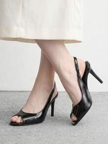 CUCCOO BIZCHIC Spring And Summer Women Open-Toed Slingback Patent Leather Small Square Toe Open Toe Stilettos - Black - View 3
