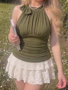 SHEIN MOD Plus Size Stand Collar Bow Knot Ruched Apricot Color Top Green - Army Green - View 3