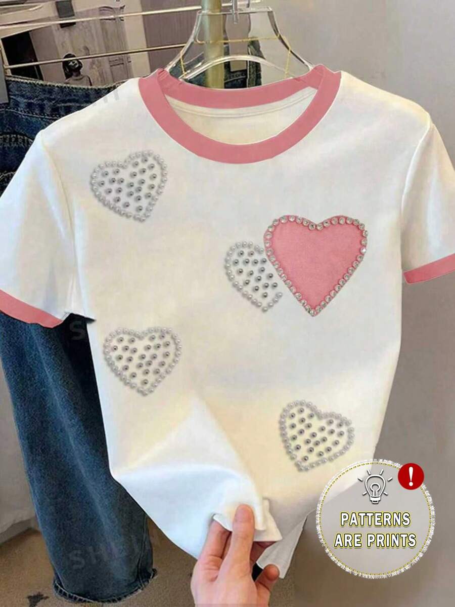 SHEIN 少女爱心印花宽松休闲撞色条纹圆领T恤,适合夏季、日常穿着、返校季、姐妹装、度假等场合,可爱少女风T恤,水钻爱心T恤,串珠爱心T恤 - 彩色 - 查看 1