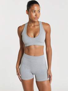 11SKNDS Seamless Sports Bra With Racerback And Crossback Straps, Scoop Neckline, Ribbed Underband, Low To Medium Support With Sweat-Wicking, Stretchy, Breathable, Buttery-Soft, Low Impact Support & Removable Cups, For Gym Workout Fitness Yoga Pilates Studio, Running, Training & Hy-Rox - Grey - View 3