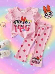 THE POWERPUFF GIRLS X SHEIN Baby Girl Round Neck Cartoon Pattern Pleated T-Shirt And Long Pants Casual Daily Outfit Set - Pink - View 1