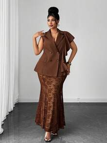 Maweii Plus Size Women's Brown Asymmetrical Ruffle Vest Lace Skirt Set, Double-Breasted Blazer, Sheer Mermaid, Formal Dinner Outfit, Elegant, Summer - Mocha Brown - View 5