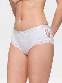 Bonmuse 1pc Women Lace Trim Bow Decor Solid Color Panty - White - View 4