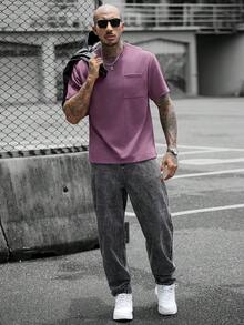 SLATEMANN 男士熱銷舒適砂洗面料單口袋小圓領短袖T恤，適合正式或非正式場合、休閒度假、用餐聚會、極簡辦公與居家穿搭，適合自用或送禮給朋友，熱銷山本單件T恤 - 紫色 - 查看 6