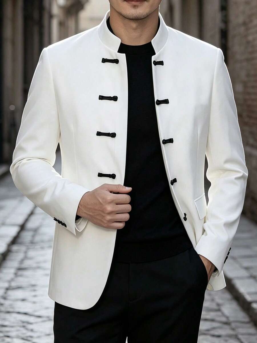 Manfinity Mode Men's Spring/Summer/All-Season Suit Jacket, White Fabric With Chinese-Style Small Stand Collar, Black Frog Button Design, Mature Suit Jacket - White - View 1