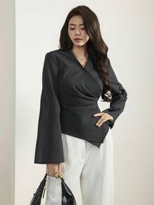 Solavon 女款優雅休閒通勤黑白條紋裹身襯衫，秋季女裝，教師節辦公室晚餐商務穿搭 - 黑色 - 查看 5