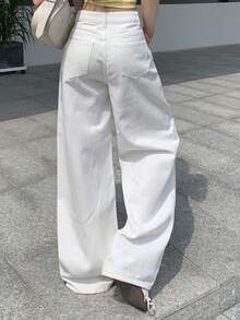 DAZY Tween Girl Casual Versatile Solid Color Wide Leg Denim Jeans - White - View 4