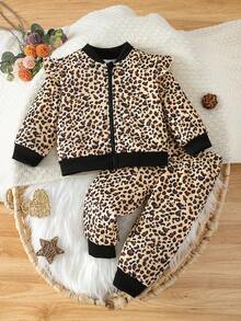 SHEIN Vintaside Kids 女嬰時尚豹紋套裝，秋冬新款荷葉邊拉鍊上衣與豹紋收口長褲套裝 - 黑色 - 查看 3