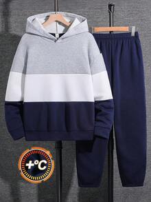 SHEIN 青少年男孩 2件組休閒拼色連帽衛衣與運動長褲套裝 - 彩色 - 查看 1