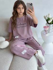 SHEIN 少女春夏灰紫色圆领针织宽松字母印花T恤上衣和阔腿休闲裤两件套 - 紫色 - 查看 7