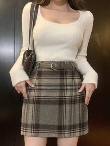 Dazy Tall Women's Plaid Skirt Elegant Wool Blend Skirt - Khaki - View 9