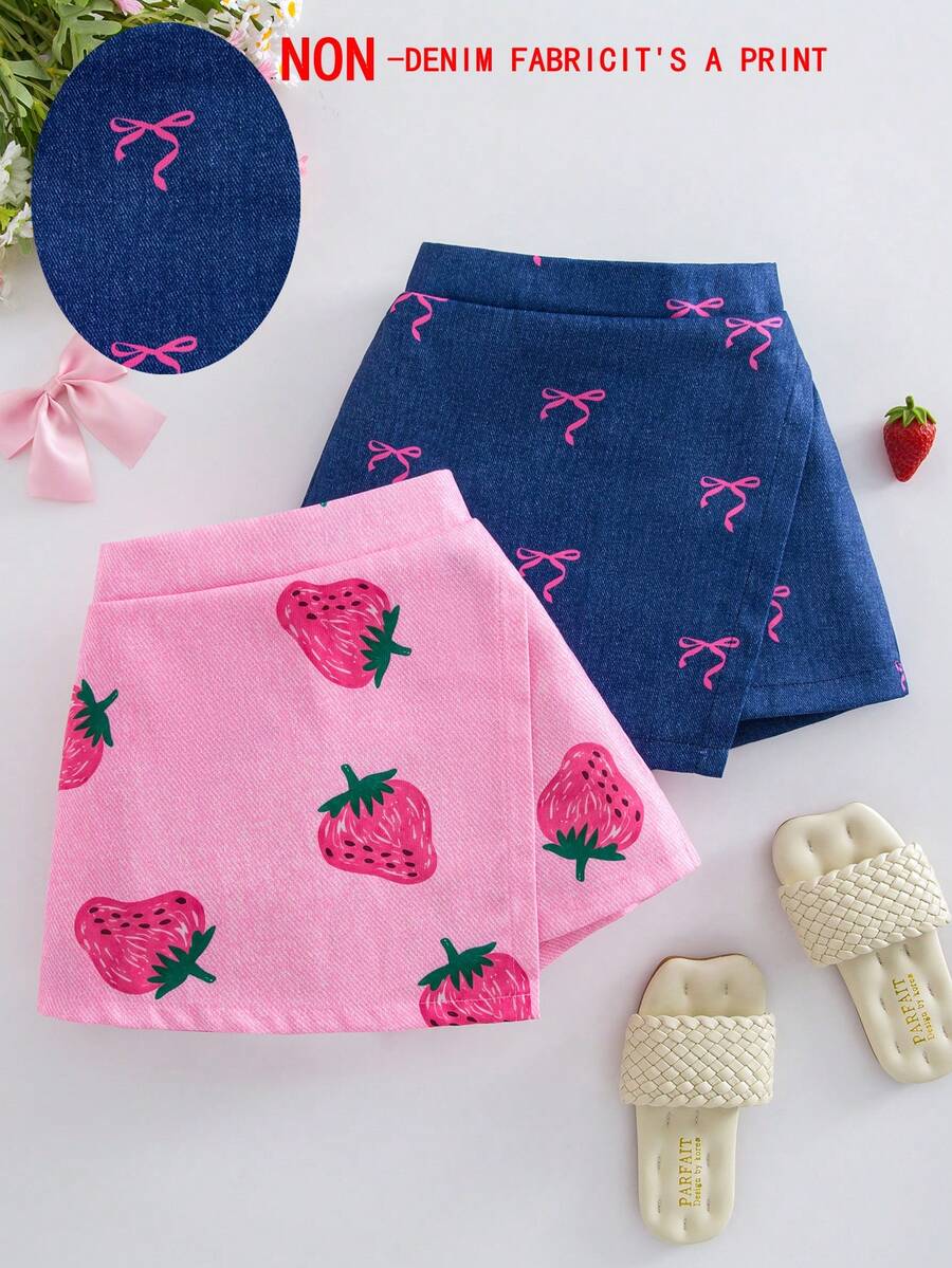 SHEIN Elladie kids 2件/組 女童幼童活力度假風草莓蝴蝶結印花丹寧感不對稱短褲 藍色&粉色組合，適合夏季出遊